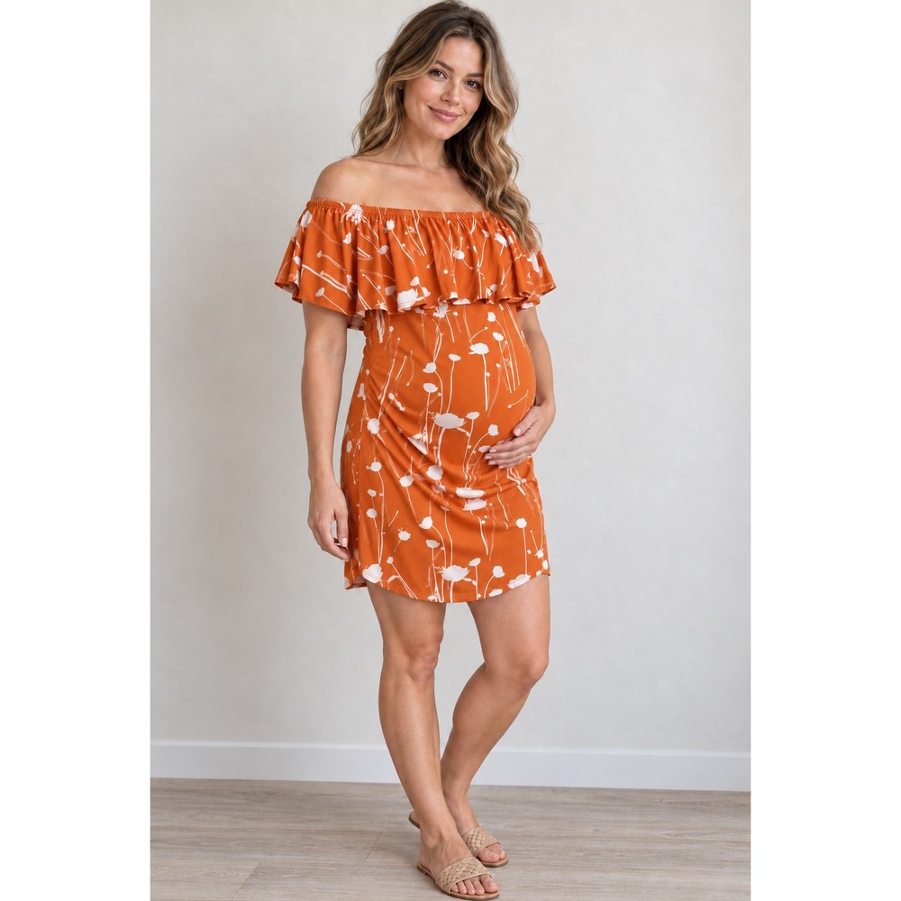 Star Motherhood Orange Floral Off The Shoulder Ruffle Maternity Dress Mini